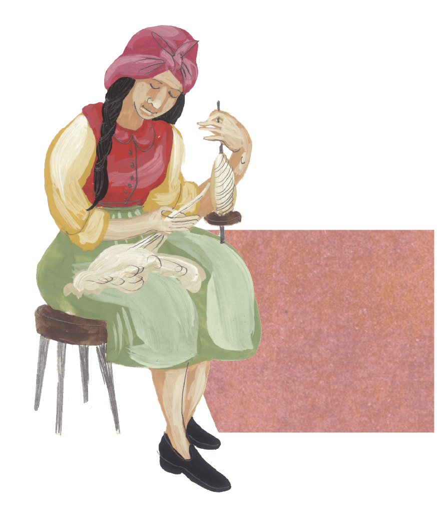 Ilustración de mujer hilando con huso